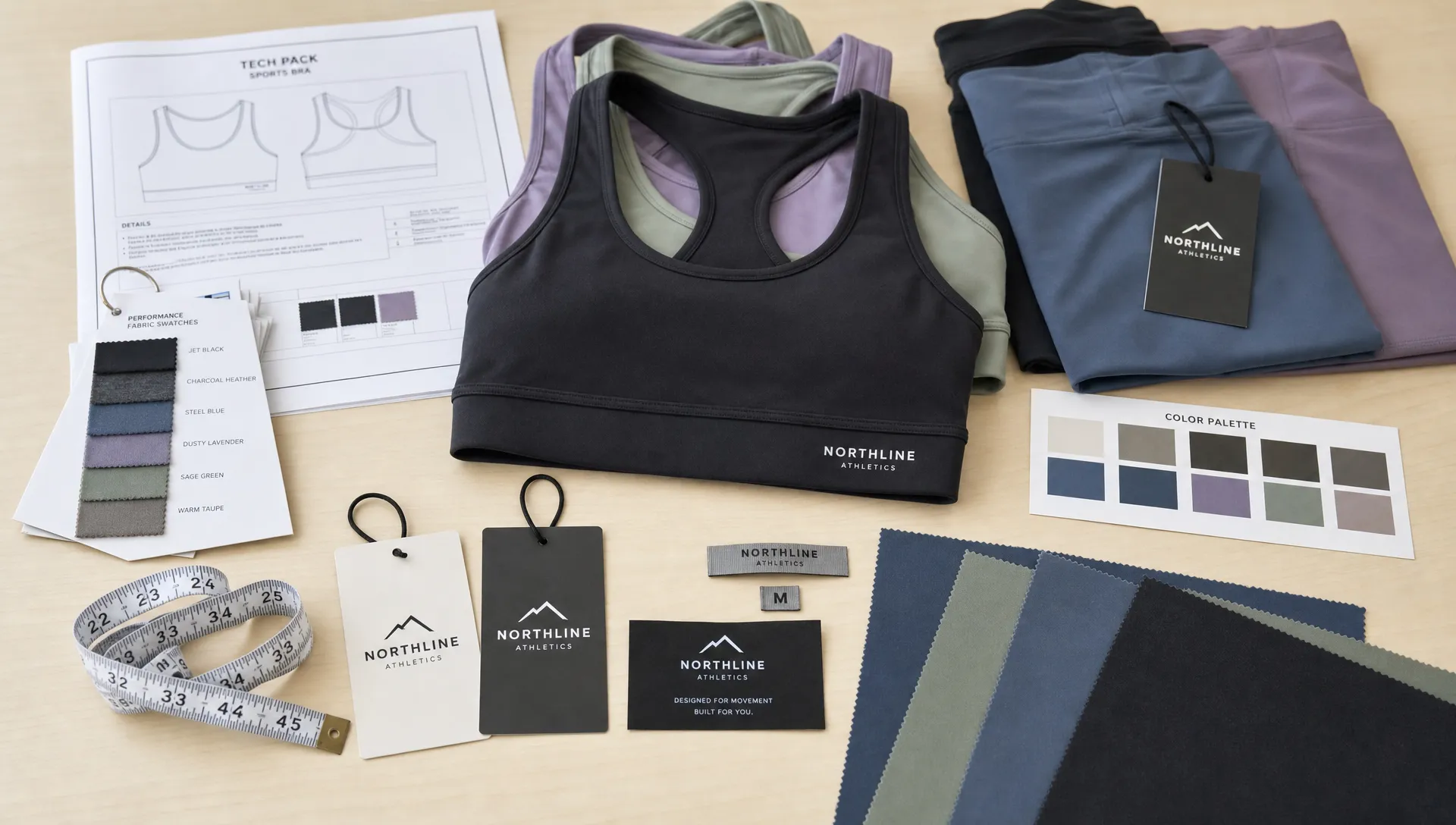 A clean product development table with fitness apparel samples, fabric swatches, measuring tape, color cards, and branded labels arranged for review before production.
