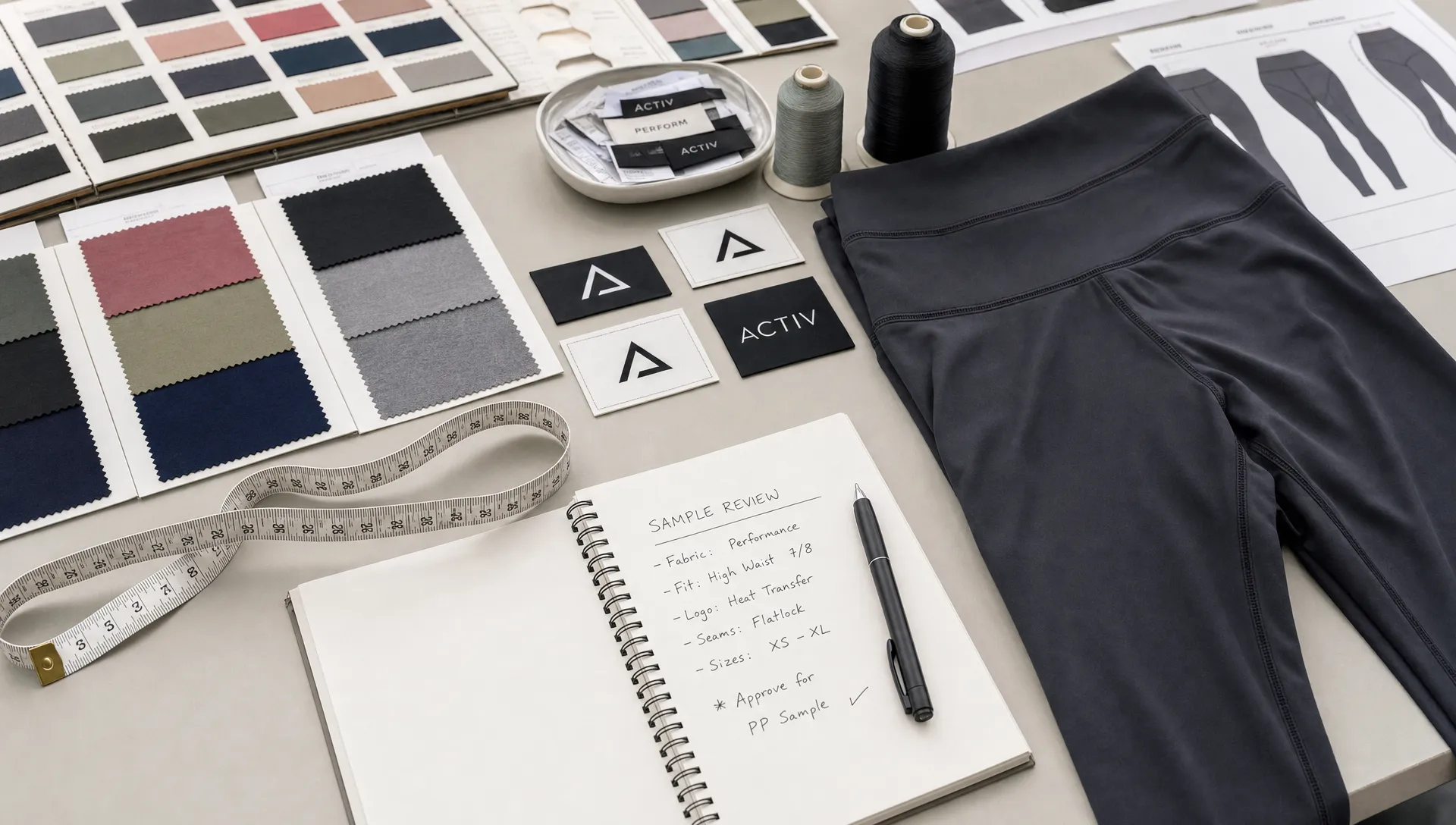 A close-up product development table with fitness apparel fabric swatches, a measuring tape, thread cones, printed logo labels, and sample leggings laid out for review before low MOQ production.