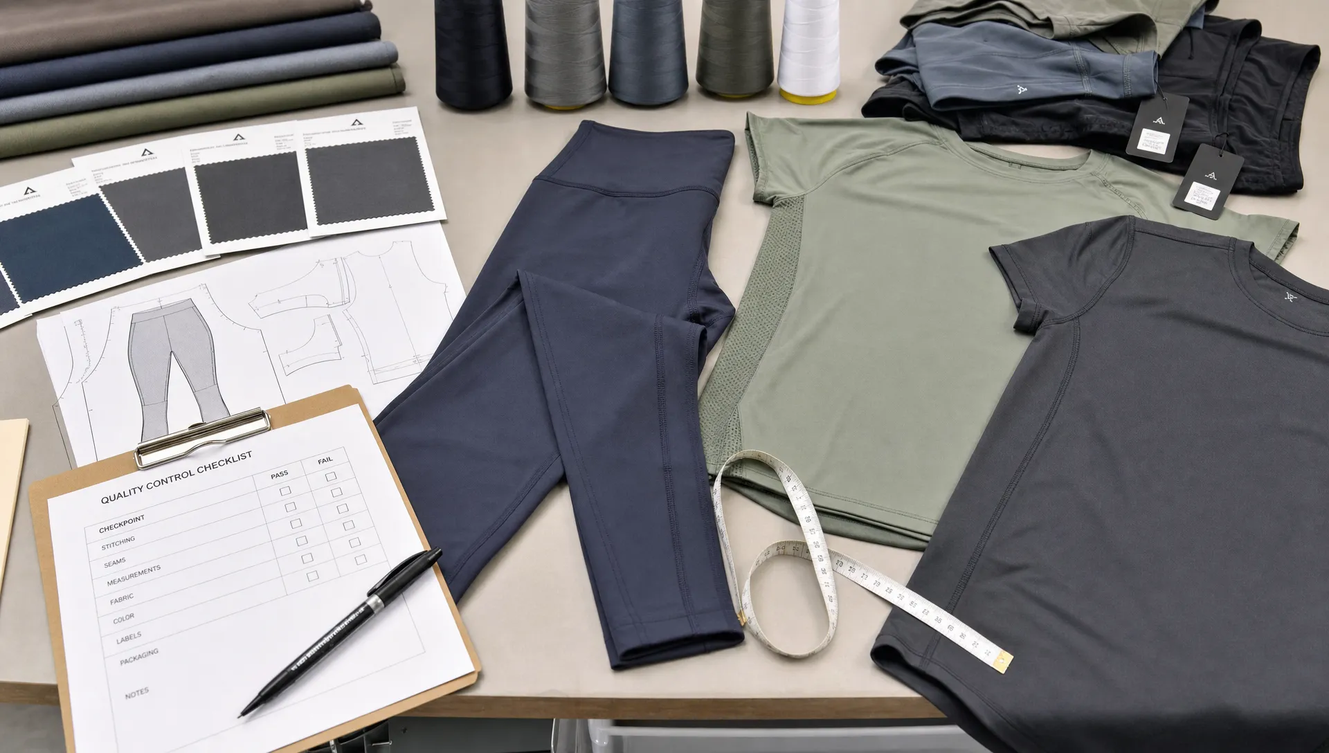 A close-up production bench with fabric swatches, a measuring tape, garment pattern pieces, thread cones, and finished fitness leggings and training shirts laid out for quality review.