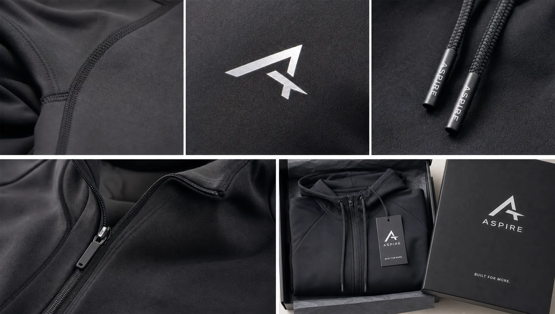 A close-up view of premium sportswear details, including clean seam stitching, a smooth performance fabric texture, a neatly applied logo, quality drawcord tips, and folded retail-ready packaging.