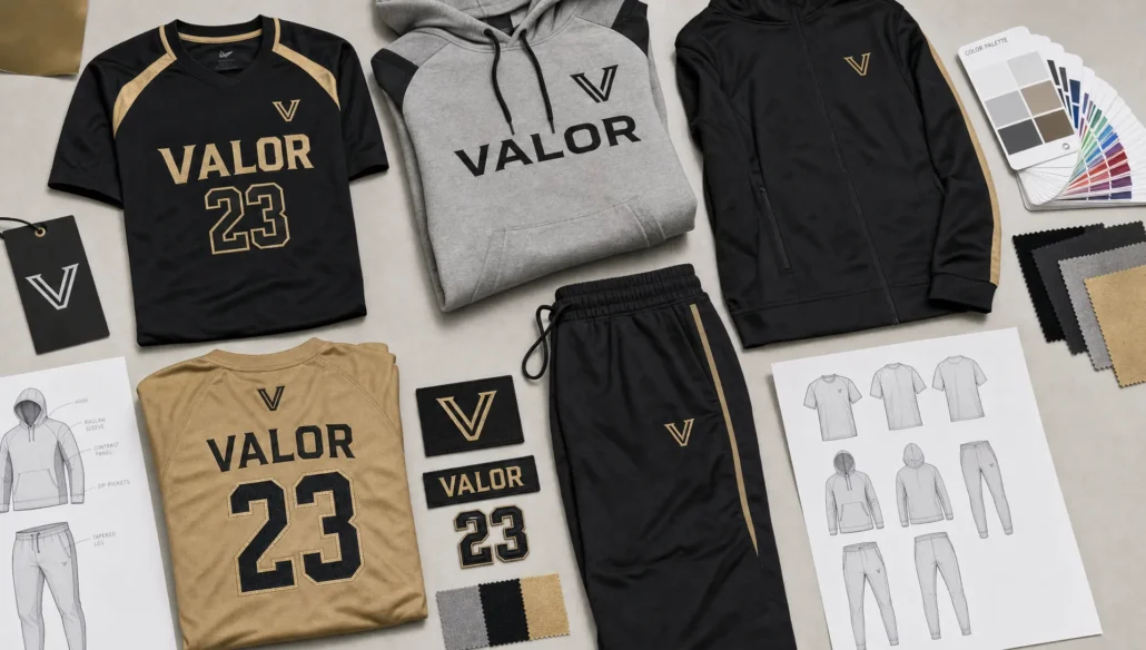 A curated sportswear collection laid out on a studio table with jerseys, hoodies, joggers, fabric swatches, embroidery samples, and color cards arranged for team and retail apparel planning, viewed from above on a clean work surface.