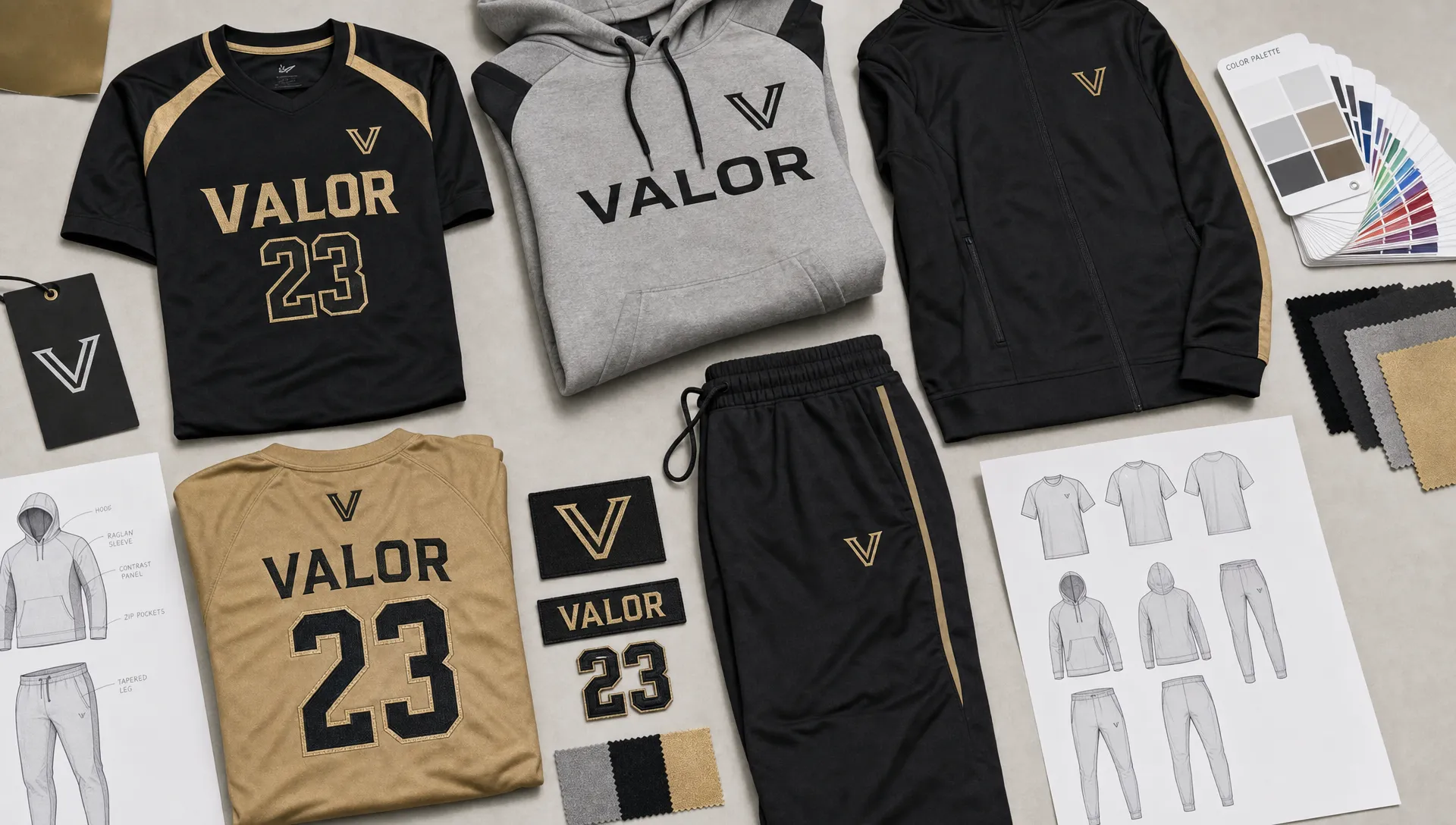A curated sportswear collection laid out on a studio table with jerseys, hoodies, joggers, fabric swatches, embroidery samples, and color cards arranged for team and retail apparel planning, viewed from above on a clean work surface.