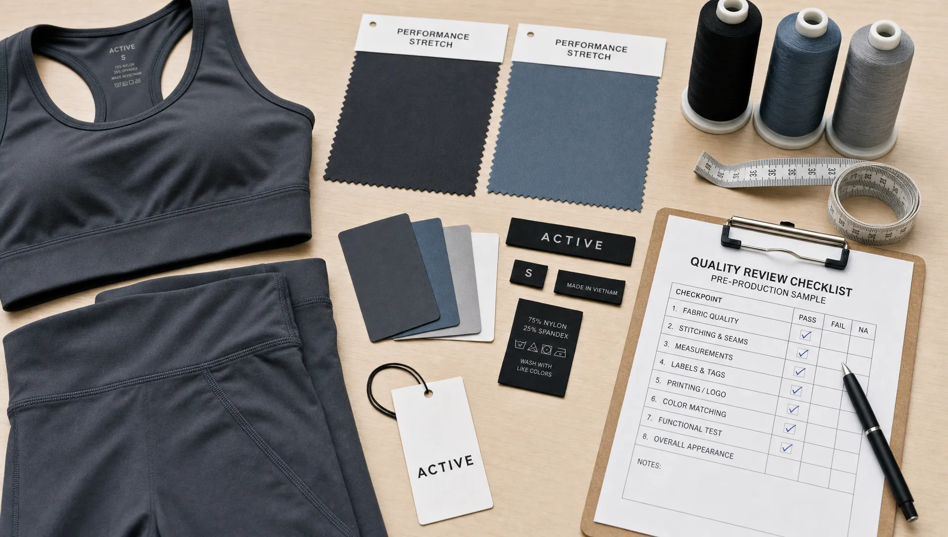 A flat lay of activewear production samples with fabric swatches, a measuring tape, thread cones, branded labels, and a checklist for reviewing quality before bulk manufacturing.