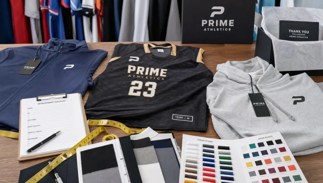 A sportswear sourcing table with fabric swatches, sample jerseys, hoodies, measuring tape, thread cards, and branded packaging arranged for quality review.