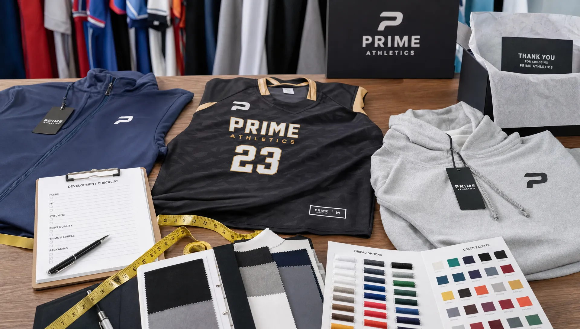 A sportswear sourcing table with fabric swatches, sample jerseys, hoodies, measuring tape, thread cards, and branded packaging arranged for quality review.